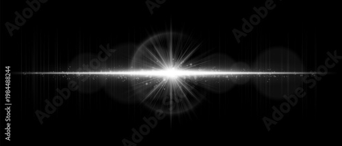 Abstract glowing energy burst with radiant light waves and horizontal beam, dynamic lens flare effect with sparkling particles and subtle motion on dark background