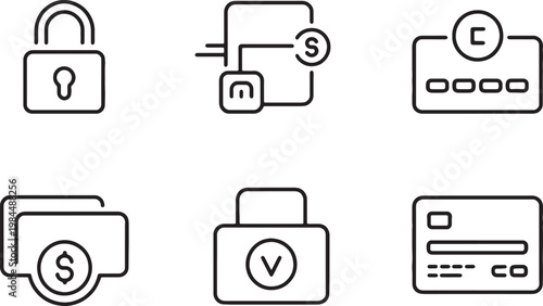 A collection of outline icons depicts various aspects of financial security, including locked and unlocked padlocks, shields, credit cards with security symbols, and wallets.