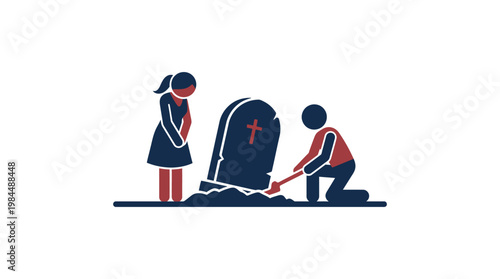 Grieving Figures at a Gravestone in Flat Vector Style