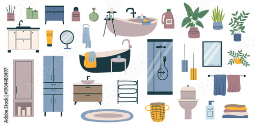 Bathroom interior objects set. Bathroom interior cliparts isolated on white background1. Vector elements in flat style.