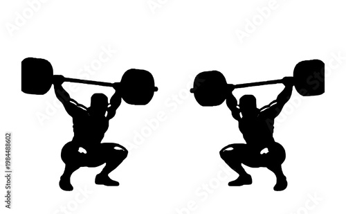 Weightlifting silhouette vector, male athlete performing overhead barbell squat, bodybuilding and powerlifting strength training icons