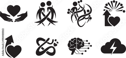 Black icons of love and brain concepts