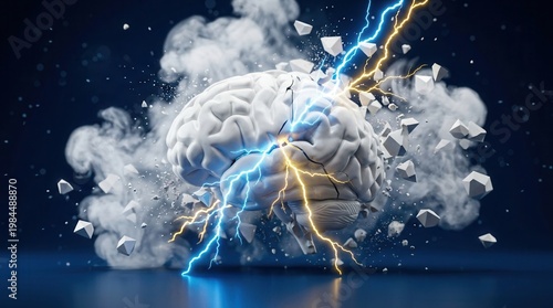 Mental stress and creative brainstorming represented by a white brain with energy sparks and data fragments.