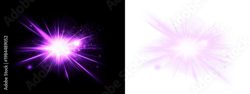 Bilde på lerret PNG lens flare featuring intense purple light rays radiating from a central glow