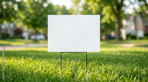 Empty outdoor sign in a residential lawn area for advertising and announcements.