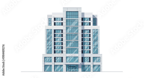 Modern White Office Building with Blue Glass Facade, Isolated on White Background