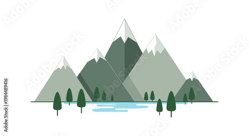 Minimalist Mountain Range with Pine Trees and Lake