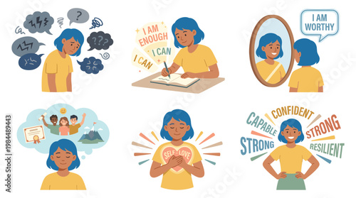 Woman practices self-care and coping mechanisms for anxiety and stress relief through therapy and positive affirmations