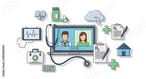 Telemedicine Concept: Doctor and Patient Video Call on Laptop with Medical Icons