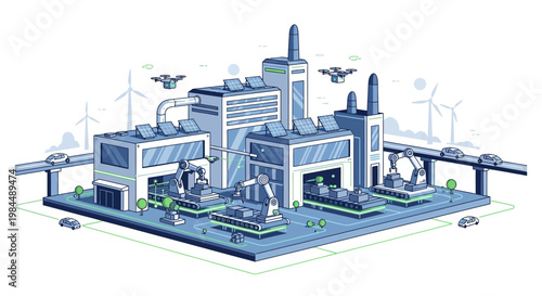 Modern Factory with Robotic Arms, Drones, and Sustainable Energy