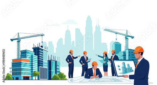 Diverse Construction Team Collaborating on Urban Development Project with Blueprints and Laptop