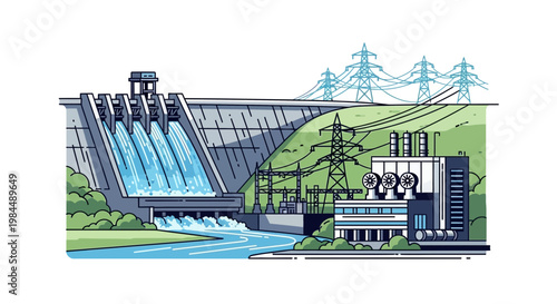 Hydroelectric Dam Power Generation with Water Flow and Transmission Lines