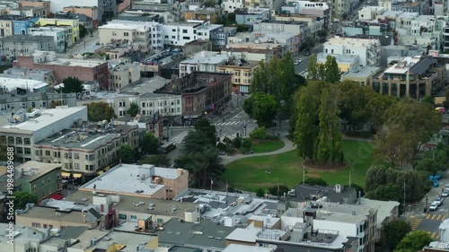 13 OCT 2025 - San Francisco, USA - A high vantage point view of the city of San Francisco - looking towards Washington Square in the Italy Town district.