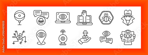 Cyber security set icon. Eye camera, chat spy, laptop monitoring, biometric scan, bug symbol, secret agent, network virus, location eye, signal device, user protection, message