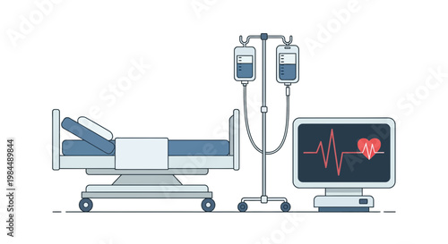 Hospital room with bed, IV drip, and vital signs monitor displaying heartbeat