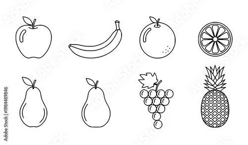 Minimal outline fruit vector set with perfect fruit icons in line art style isolated on white background