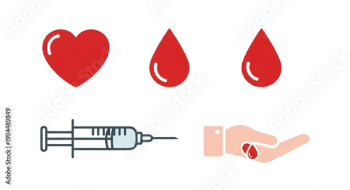 Medical icons representing blood donation and health.