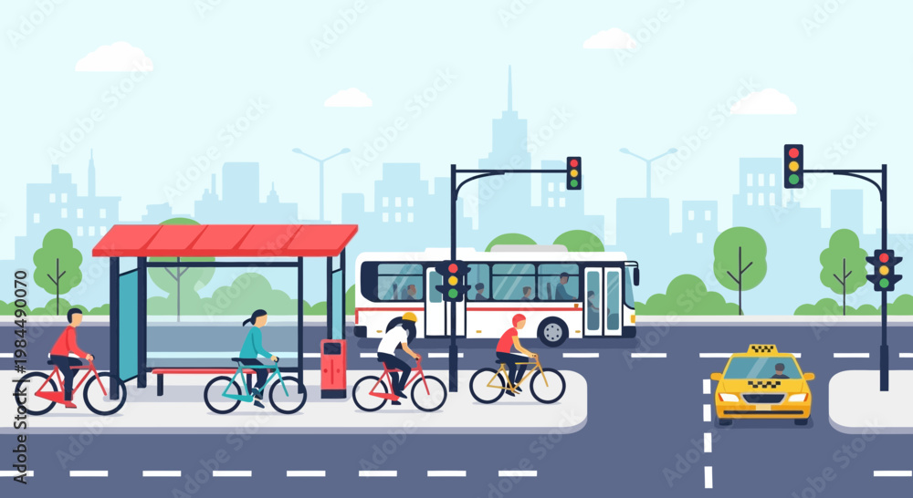 Fototapeta premium Urban cycling and public transport scene with bus, taxi, and people biking.