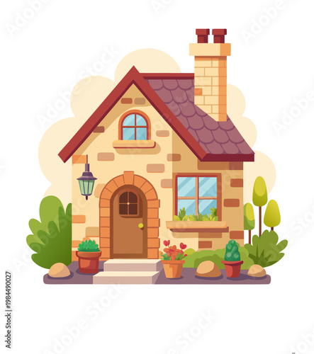 cozy cottage house with garden vector illustration