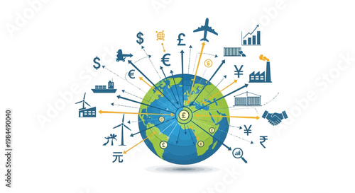 Global Business and Finance: World Map with International Trade, Currency & Industry Icons
