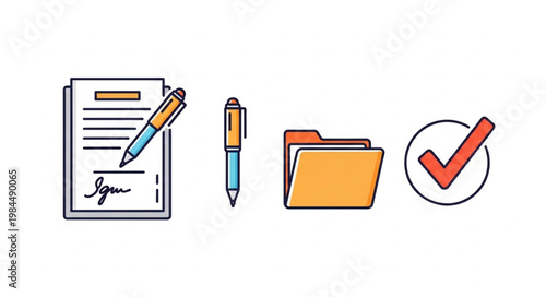 Business contract document with pen folder and check mark icons.