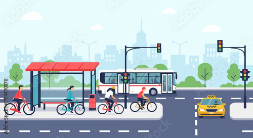 Urban cycling and public transport scene with bus, taxi, and people biking.