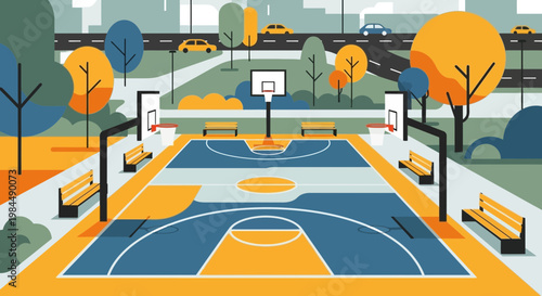 Urban Basketball Court with Park Benches and City Street Background