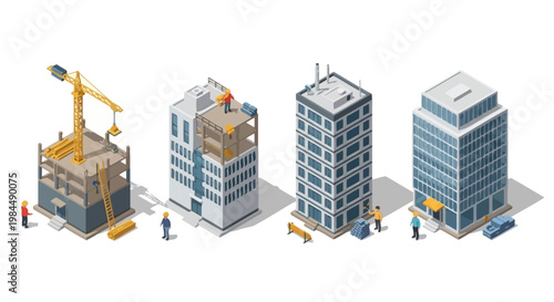 Isometric buildings construction progress stages: foundation to finished skyscraper
