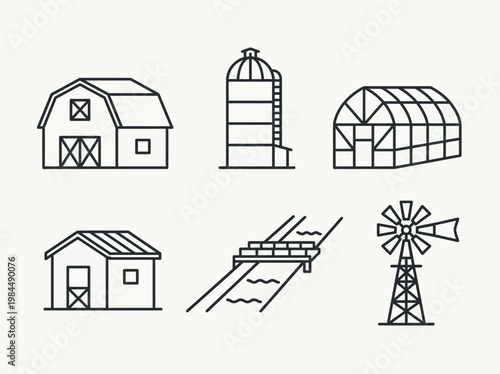 Minimal line silhouette icons of farm buildings and infrastructure in clean outline style.