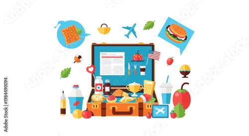Open Suitcase Filled with Food and Travel Items, Flat Design