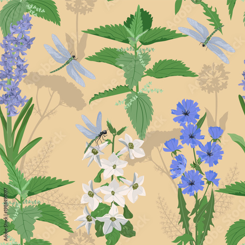 Wildflowers and dragonflies against a beige backdrop. Summer vector illustration for decorating textiles and packaging.