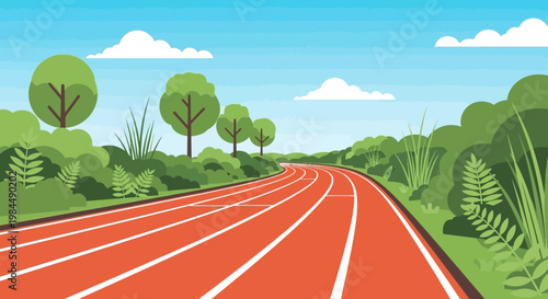 Athletic Track through Green Landscape with Trees and Clouds