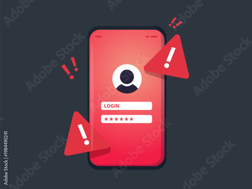 Login security alert on mobile phone. Cyber security concept, warning notification about unauthorized access. Smartphone