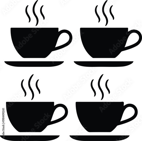 Clean vector coffee cup icon set featuring identical steaming cups with saucers in symmetrical grid layout simple monochrome design