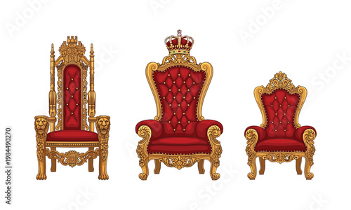Royal Throne Chairs Set with Gold Ornate Frames and Red Upholstery Isolated on White