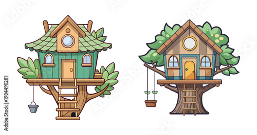whimsical treehouse home flat design vector illustration