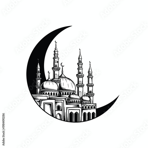 Elegant Nighttime Mosque Silhouette with Crescent Moon