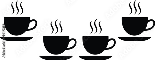 Clean vector coffee cup icon set featuring identical steaming cups with saucers in symmetrical grid layout simple monochrome design