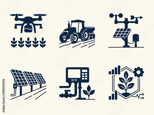 Minimal line icons of smart agriculture tech in clean modern outline style.