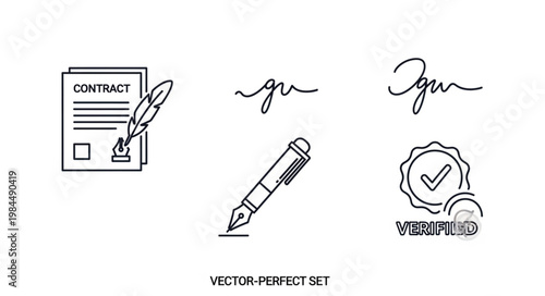 Contract Document with Feather Pen and Verified Stamp Icons.