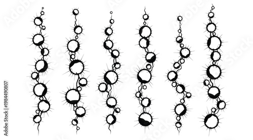 Set of abstract vertical chains of spiky circular elements, handdrawn ink style design elements