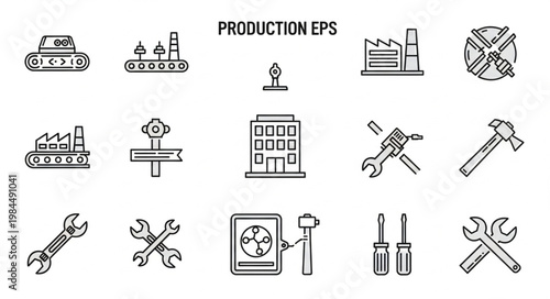 Industrial production and manufacturing icons set.