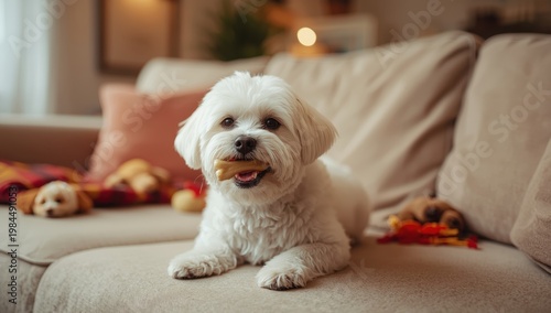 Fluffy white dog gnawing on rawhide indoors, portrait orientation on couch.