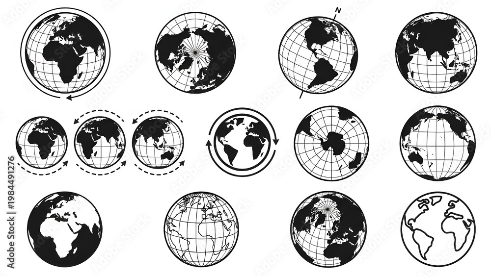 Obraz premium Various earth globes illustrations with continents and lines on a transparent background