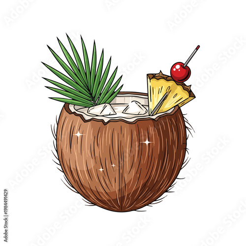 Tropical Coconut Drink with Fruit Garnish and Straw