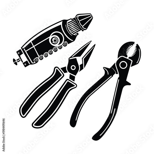 Hand Tools Silhouette Set – Drill, Pliers and Cutter Vector Illustration