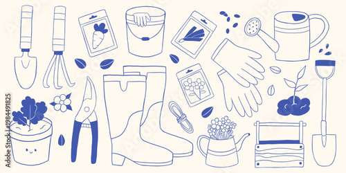 Vector set of cute gardening tools, elements in doodle hand drawn outline style. Shovel, gloves, seeds, plants for spring garden poster, packaging, sticker, hobby design. Agriculture, farm clipart.