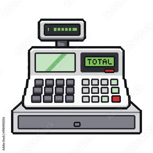 Pixel Art Illustration of a Retro Cash Register with Total Display and Cash Drawer Isolated on White Background for Business and Retail Design