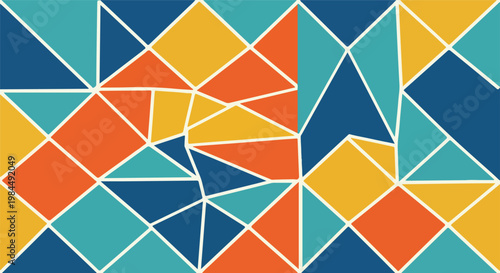 Colorful geometric mosaic of triangles and polygons in teal, orange, and yellow palette