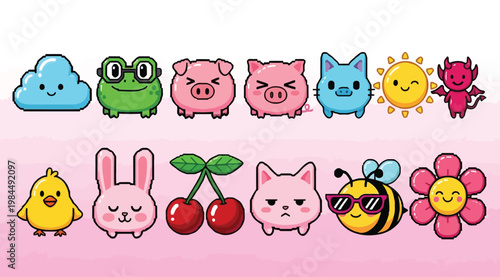 Set of cute kawaii characters and icons including animals, sun, cloud, and fruits in a flat vector style
